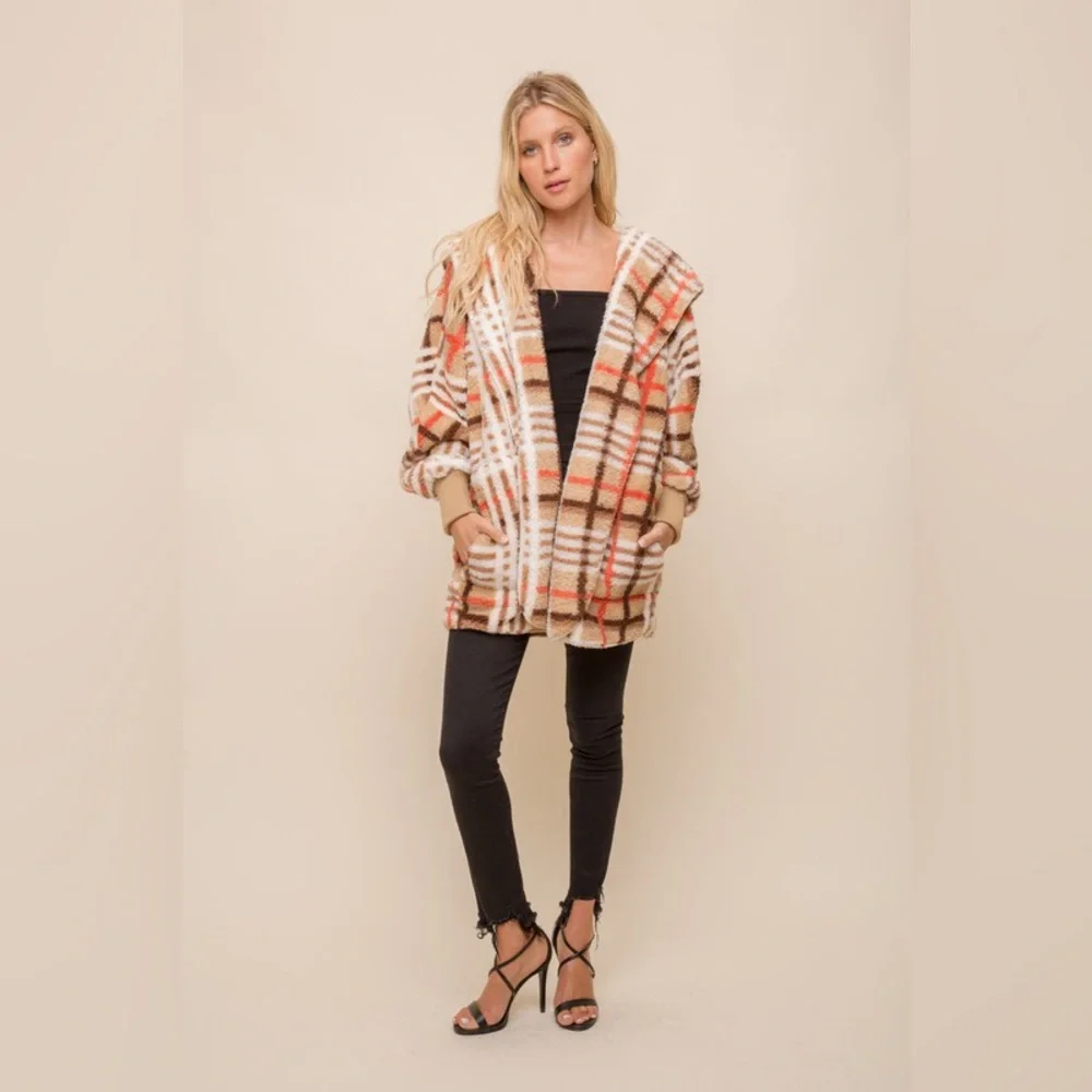 522. Last 1! Orange/Tan Boho Cozy Hood Chunky Soft  Sherpa Fleece Teddy jacket - Picture 4 of 5